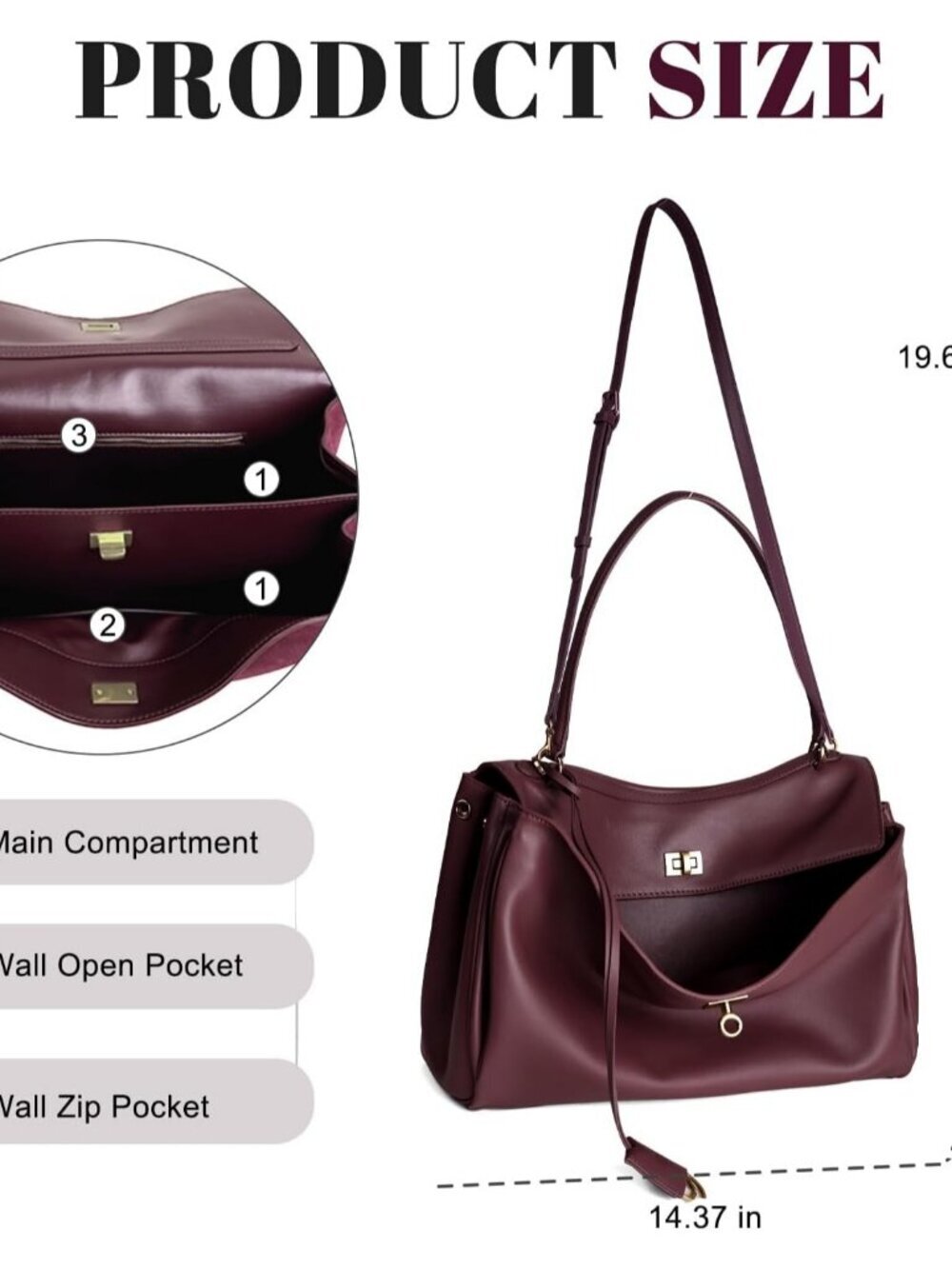 Women's Leather-Burgundy  Soft Cowhide Shoulder Satchel Purse Stylish Hand bags - Picture 4 of 6